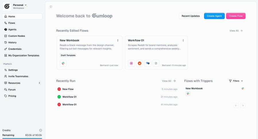 Gumloop
			 workflow automation recent activity ui page example