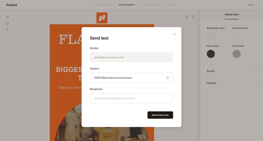 Flodesk
			 form editor full screen modal email send invitation communication chat announcement ui page example