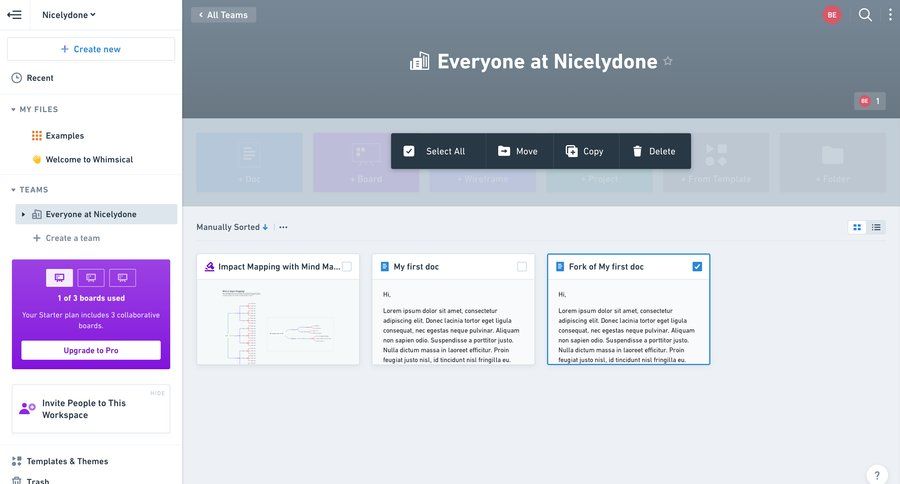 Whimsical
			 collaboration team collaboration dashboard sidebar navigation project management delete document management file management file organization bulk import bulk delete bulk archive dropdown filters bulk move sidebar menu folder modern ui page example