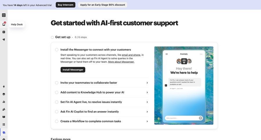 Intercom
			 team collaboration sidebar navigation artificial intelligence onboarding account setup progress indicator knowledge base rounded corners sidebar setup progress modern connect service ui page example
