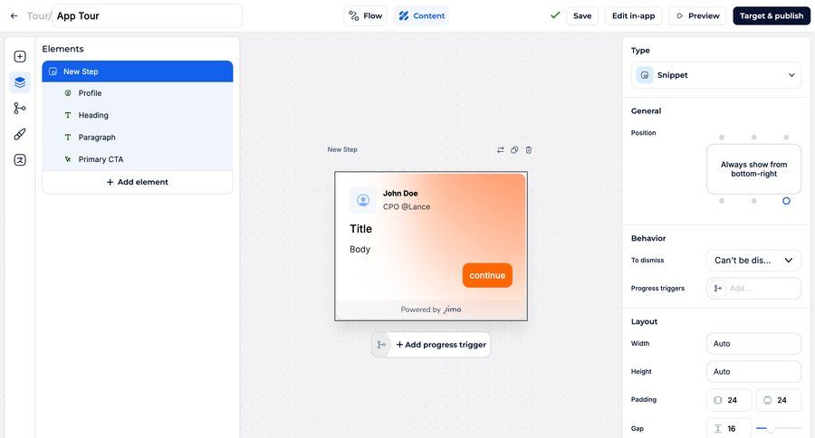Jimo
			 configuration grid onboarding form editor real-time preview drag and drop tutorial sidebar setup on boarding guided tour modern ui page example