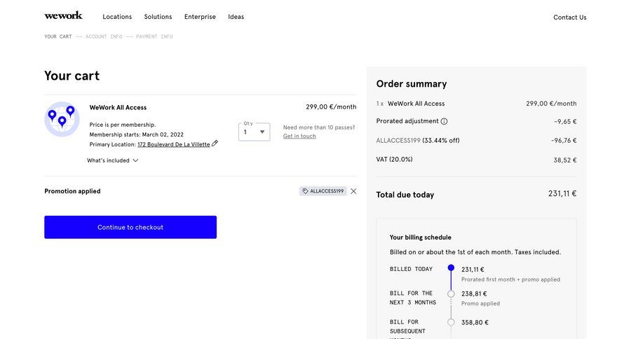 WeWork
			shopping cart trial checkout ui page example