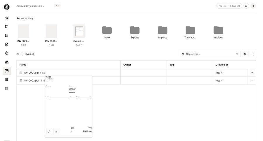 Midday
			 finance document management file management menu folder download table ui page example
