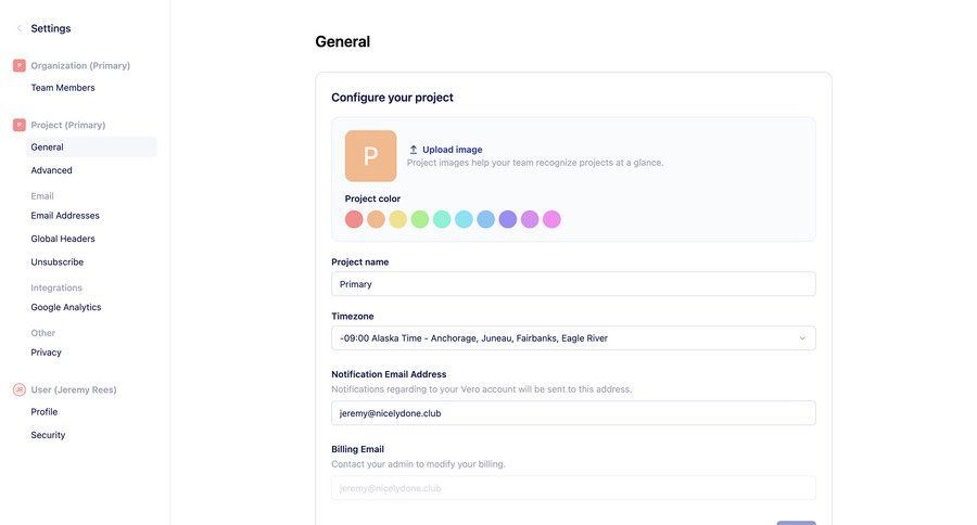 Vero
			 configuration settings sidebar navigation project management account management form project setup account settings file upload upload image color selection save changes timezone selector avatar upload settings modal ui page example