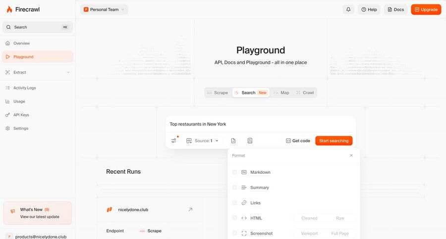 Firecrawl
			search form collection api dashboard ui page example