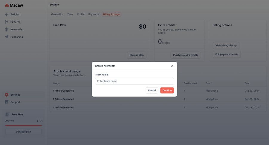 Macaw
			 settings account management form team creation free plan payment history billing history sidebar table pay bill ui page example