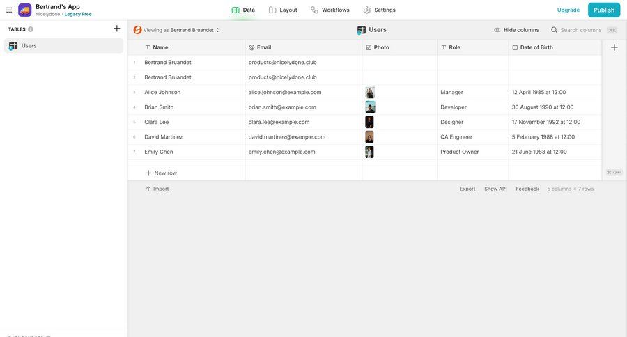 Glide
			list team table account settings data management data export export data import table ui page example