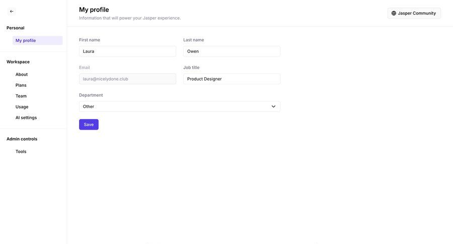 Jasper
			 settings grid onboarding form workspace settings form layout save changes navigation sidebar sidebar user ui page example
