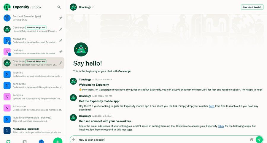 Expensify
			 collaboration sidebar navigation onboarding finance split view inbox free trial sidebar message communication chat chat interface conversational ui page example