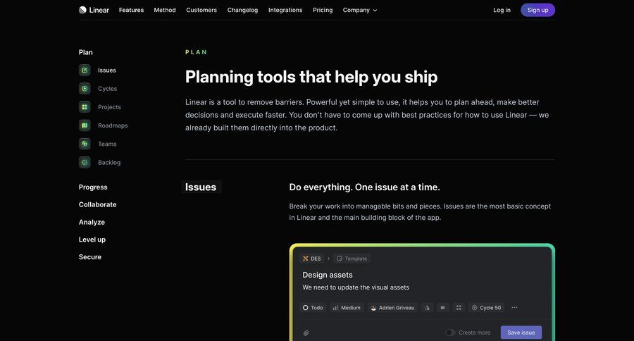 Linear
			 drag & drop features management features quick keys remote contractor management markdown editor ui page example