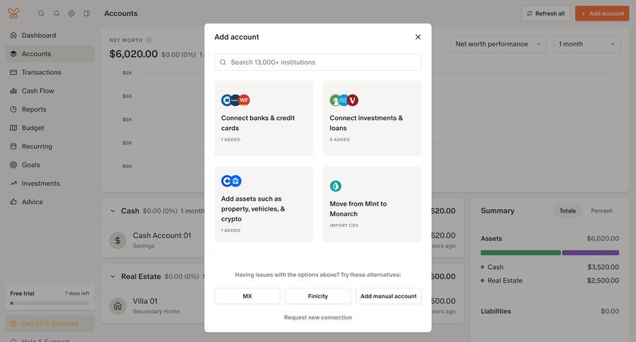 Monarch
			 account management onboarding form account setup finance import data modal finance data import alternatives download report connect service card layout ui page example