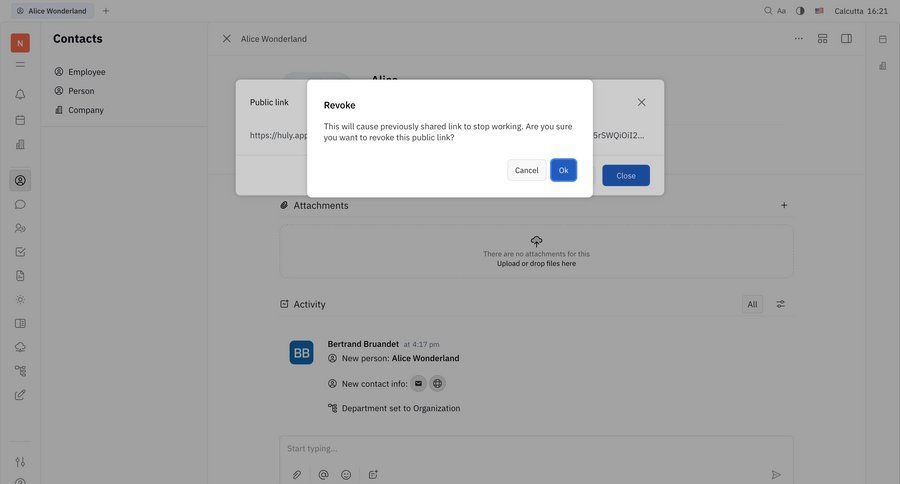 Huly
			 account management confirmation modal dialog access control full-screen layout cancel action confirmation message ui page example