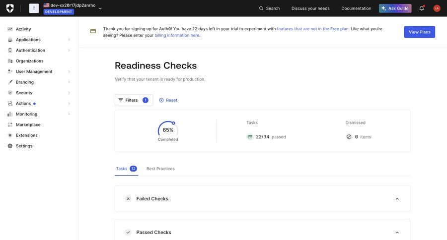 Auth0
			 configuration dashboard sidebar navigation progress indicator progress tracking expandable sections dropdown filters sidebar security setup monitoring progress progress bar accordion ui page example