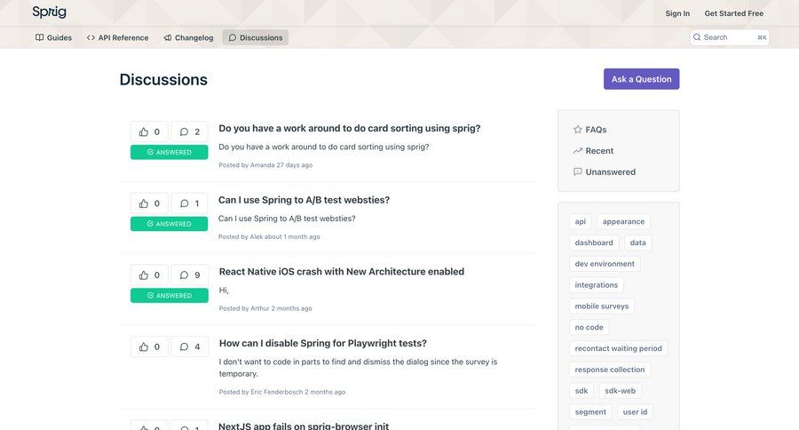 Sprig
			 documentation changelog free tier docs call recording doc ui page example
