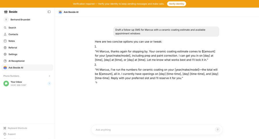 Beside
			 artificial intelligence task completion customer communication conversational interface sidebar communication navigation bar chat interface modern ui page example