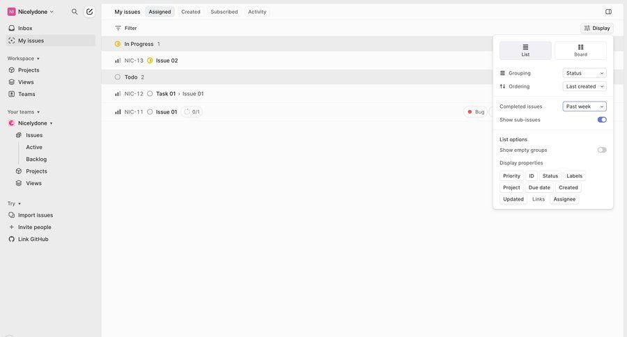 Linear
			list collection settings task management sidebar navigation project management project tracking issue tracking dropdown filters sidebar lists ui page example