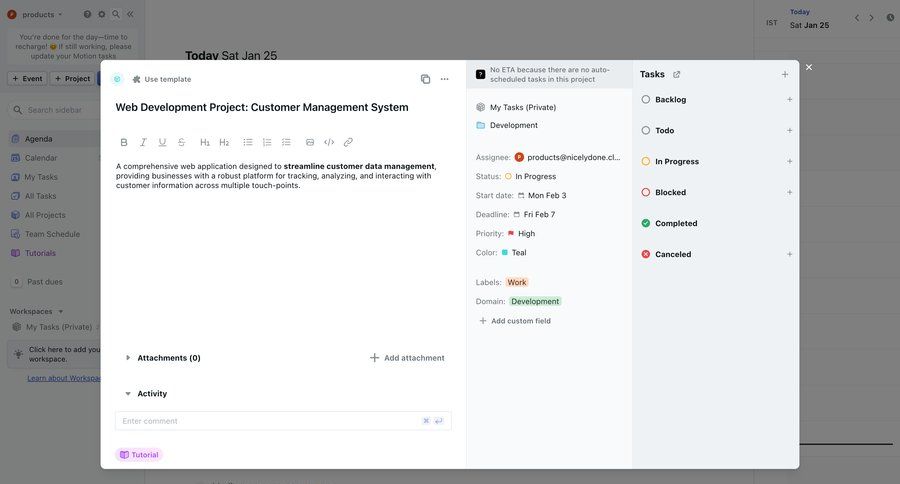 Motion
			 task management collaboration team collaboration dashboard project management project setup kanban board attachment product details information page detail view item details info view project dashboard ui page example