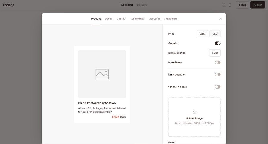 Flodesk
			 configuration e-commerce form upload image full screen modal free templates product details pay checkout screen ui page example