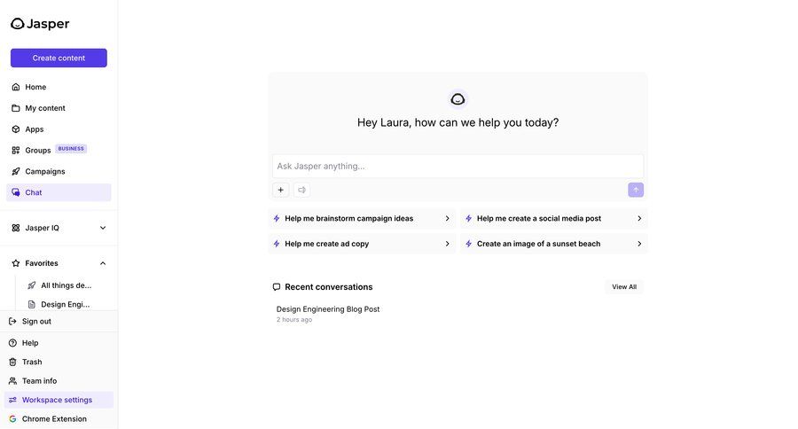 Jasper
			 artificial intelligence onboarding full-screen layout sidebar chat navigation menu quick actions chat interface ui page example