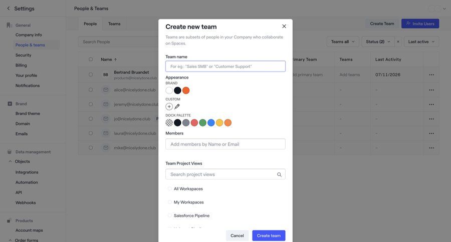 Dock
			 configuration form workspace settings access control team creation color selection create modern enterprise team management ui page example