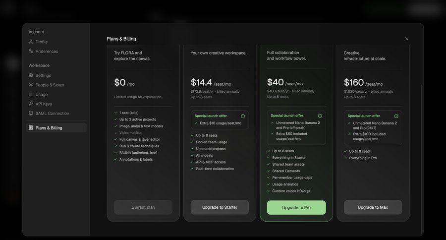 Flora
			 account management workspace settings account settings subscription management minimalist design content hierarchy hierarchical navigation sidebar card layout ui page example