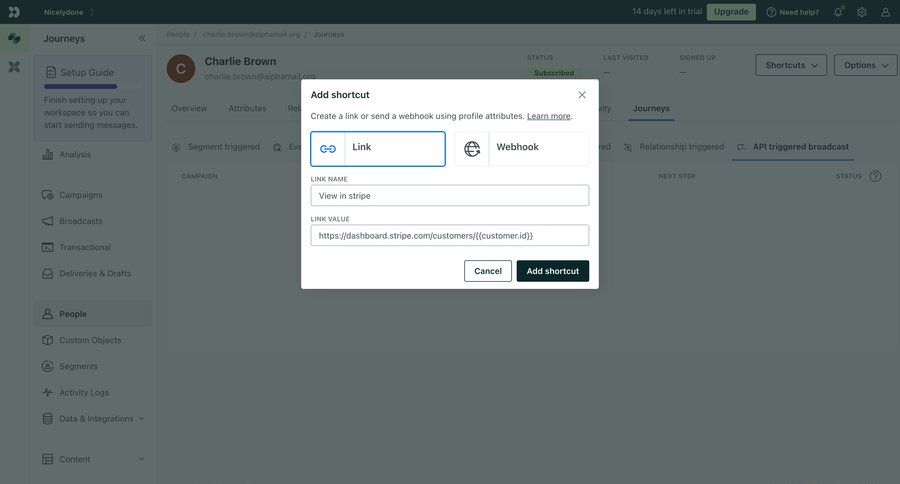Customer.io
			 modal screen configuration settings sidebar navigation user management form modal dialog workflow automation user profile modern webhook integration ui page example