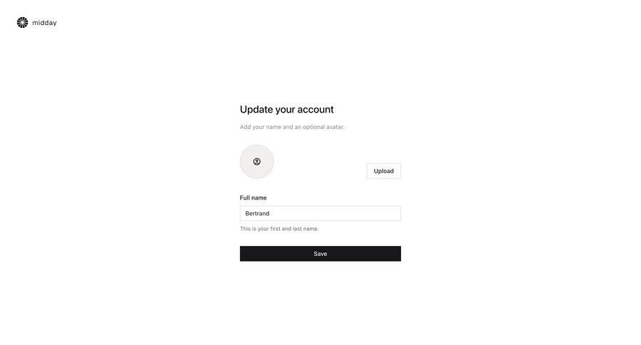 Midday
			 settings onboarding form account setup account creation profile settings account settings user account update avatar upload ui page example