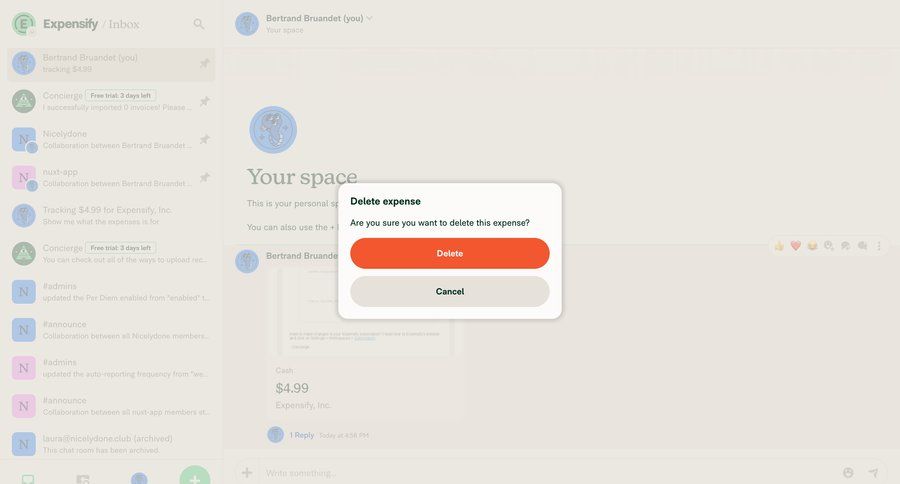 Expensify
			 modal screen finance confirmation cancel deletion expense management free trial cancel trial check out confirmation message ui page example