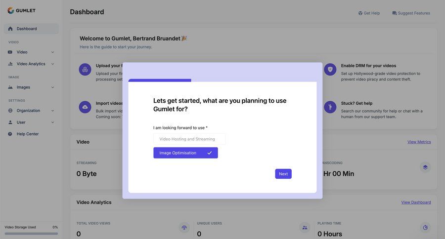 Gumlet
			 settings dashboard sidebar navigation onboarding form account setup onboarding modal coming soon bulk import bulk upload sidebar personal space progress bar analytics ui page example