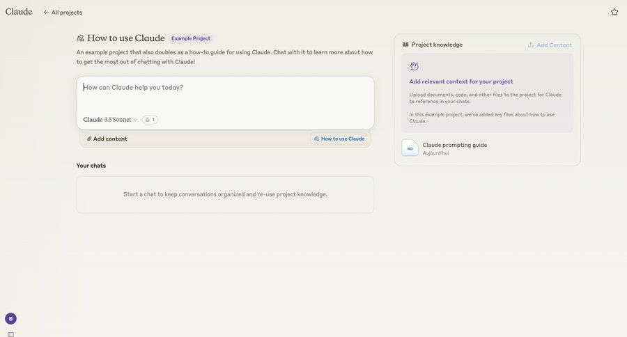Claude
			 project management artificial intelligence onboarding file upload file management conversational ui knowledge base sidebar chat upload file upload documents tips ebooks trainings tip chat interface chatbot contextual help ui page example