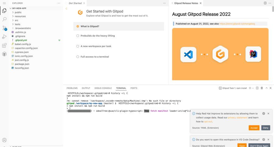 Gitpod
			 project management onboarding tree view sidebar progress version history ui page example