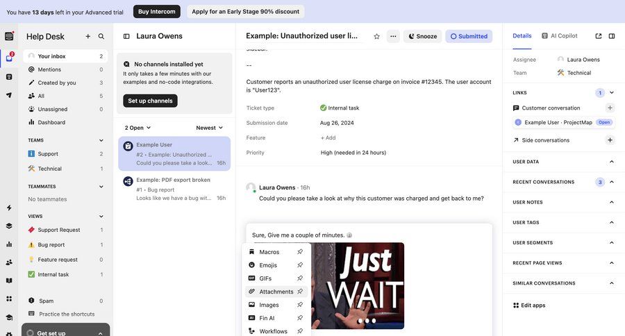 Intercom
			 sidebar navigation expandable sections attachment three-column grid user data inbox dropdown filters task communication sidebar detail view chat menu modern crm dashboard conversational customer support chat contextual help ui page example