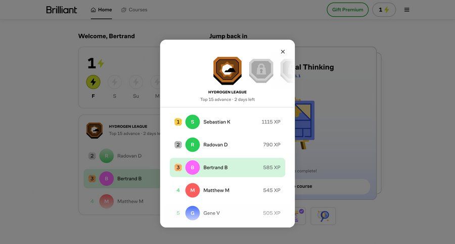 Brillant
			 progress tracking user data user profile progress competition ui page example