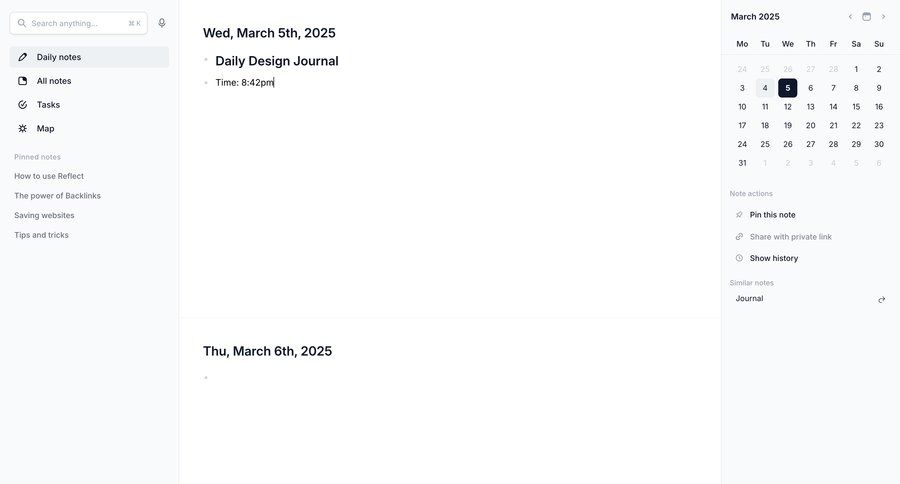 Reflect
			 task management sidebar navigation full-screen layout right sidebar note creation sidebar date picker datepicker chonology time picker menu modern time selector review ui page example