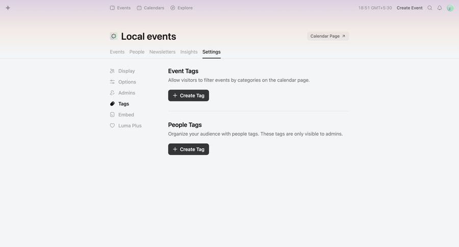 Luma
			 configuration settings tagging audience management tag management sidebar create event management ui page example