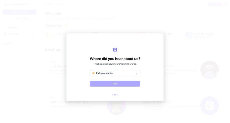 Tella
			 modal screen onboarding form user feedback onboarding modal call recording chrome extension setup on boarding news feed ui page example
