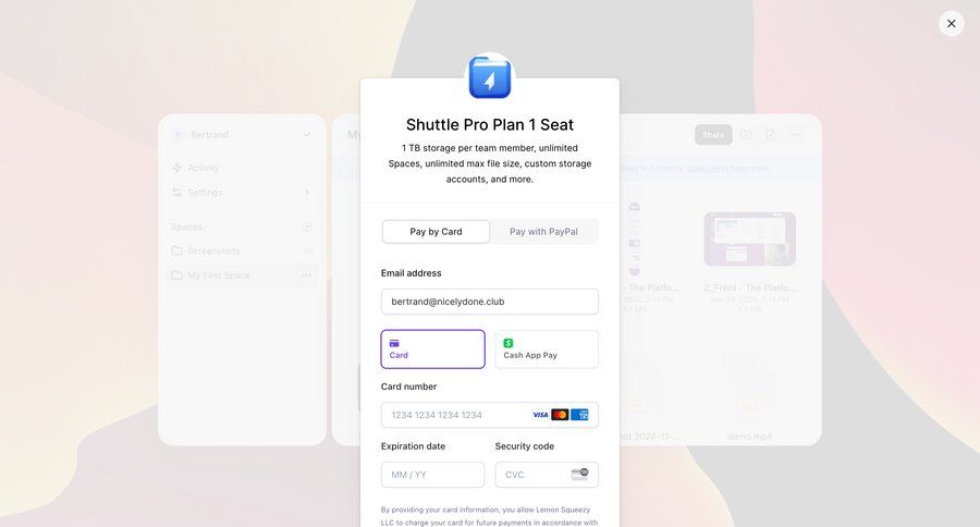 Shuttle
			 form subscription management upgrade modal payment history pay payment options product packages checkout screen payment page payment confirmation payment processing ui page example