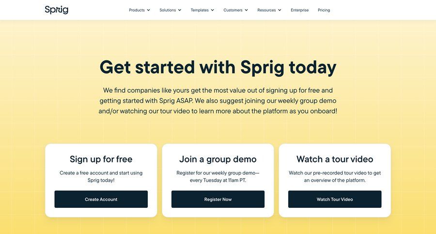 Sprig
			 getting started free account features management auth signup create new account register enterprise ui page example