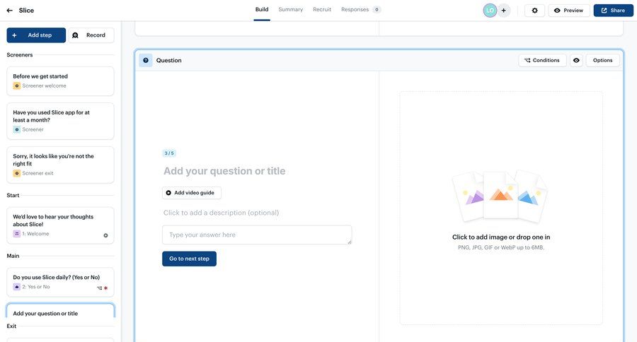 Ballpark
			 user research editor file upload conditional logic feedback collection drag and drop content blocks sidebar create progress loading modern ui page example