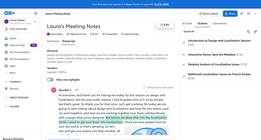 Otter
			 collaboration sidebar navigation expandable sections split view right sidebar call transcript sidebar menu tips review meeting summary transcript localization sharing ui page example