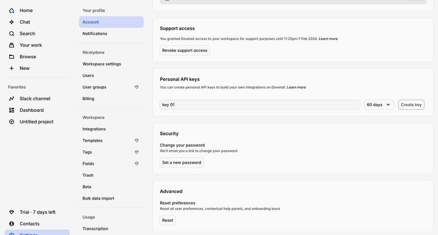 Dovetail
			 account settings workspace settings security configuration ui page example