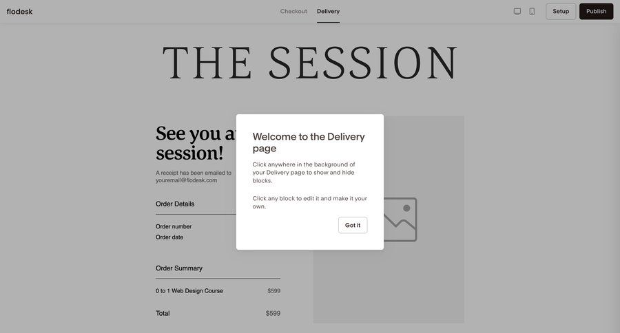 Flodesk
			 e-commerce onboarding pay checkout screen email confirmation contextual help order tracking ui page example