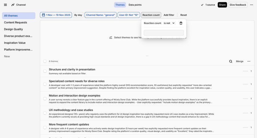 Dovetail
			 user research data analytics ui page example