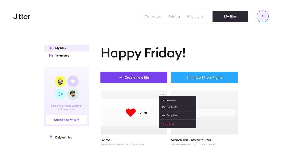 Jitter
			 collaboration team collaboration dashboard sidebar navigation project management design import data file management file organization file list screen wizard sidebar data import import file import tool import wizard menu image gallery media gallery photo gallery changelog real-time editing ui page example