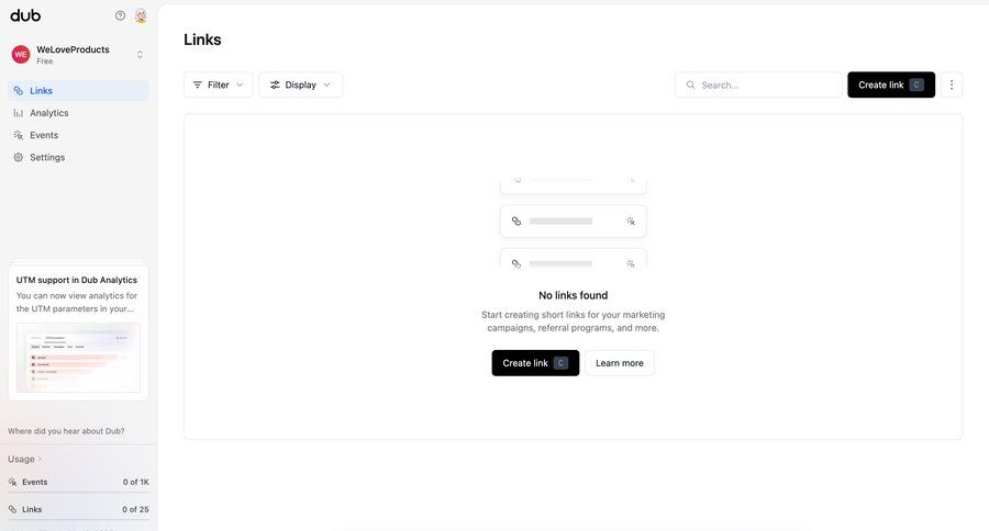Dub
			 dashboard sidebar navigation grid manage links call to action sidebar blank state void blank non-ideal state empty page prompt create setup modern analytics ui page example