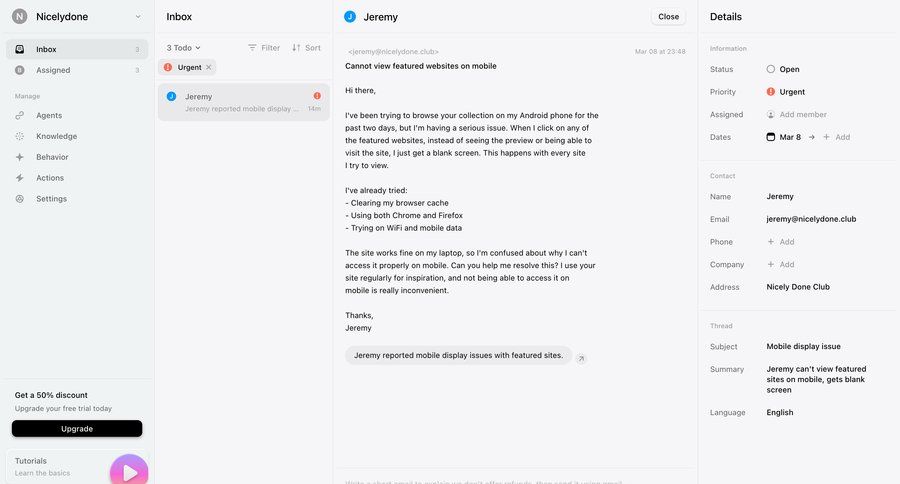 Lemni
			 sidebar navigation issue tracking email management email inbox task communication call intelligence sidebar information page detail view item details info view conversational ui page example