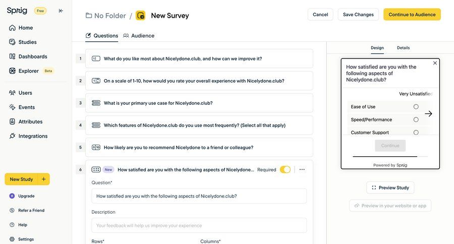Sprig
			 form user research design real-time preview feedback collection sidebar new create generate ui page example