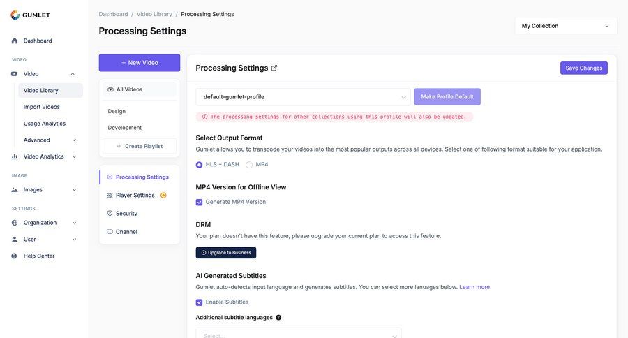 Gumlet
			 configuration settings form video management save changes sidebar alert paywall progress bar ui page example