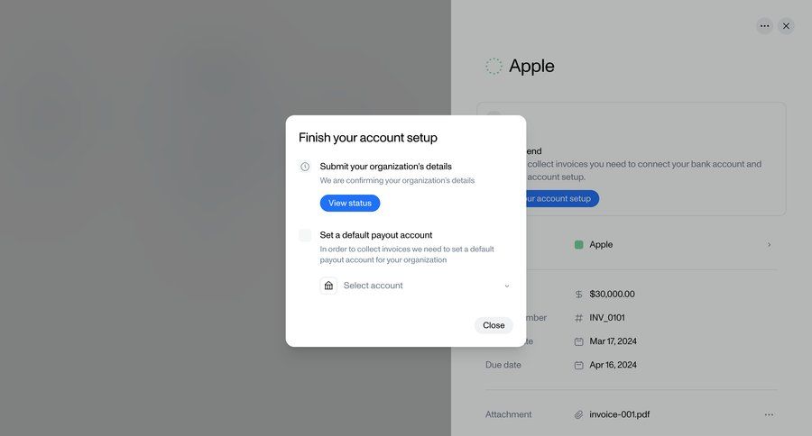 Tola
			 modal screen account management onboarding account setup finance modal dialog account settings prompt completion ui page example