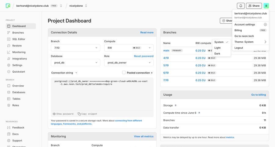 Neon
			settings team management dashboard sidebar navigation project management grid account setup account settings dropdown filters sidebar menu monitoring modern pagination project dashboard database management ui page example